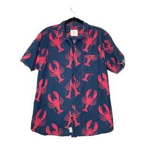 Artistry in Motion Mens Lobster  Print Shirt Button Front Blue Red Medium